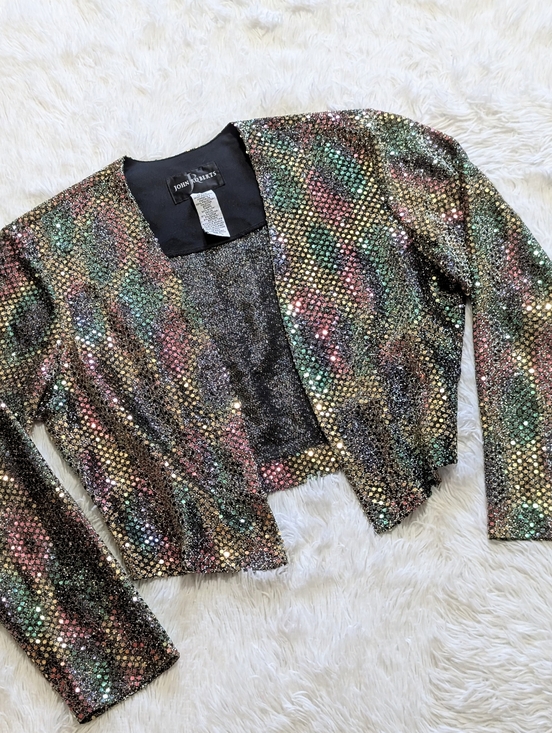 Vintage Sweaters - 90s Rainbow Sequin Gold Sparkly Metallic John Roberts Vintage Party Jacket